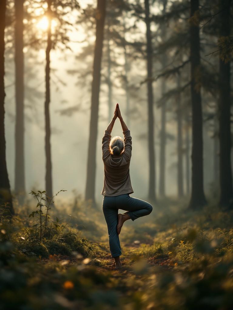 woman yoga forest Woman standing in tree pose amid tall forest trees and golden mountain mist, practicing yoga at sunrise. This tranquil scene highlights the grounding essence of mountain mist yoga.